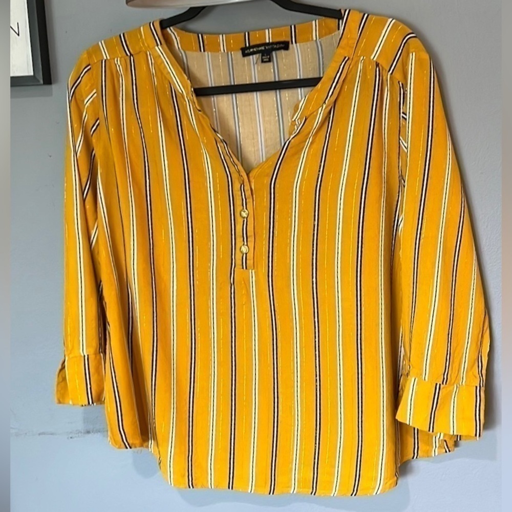 Adrianne Vittadini Mustard & Navy Striped Lightweight Blouse Size Large